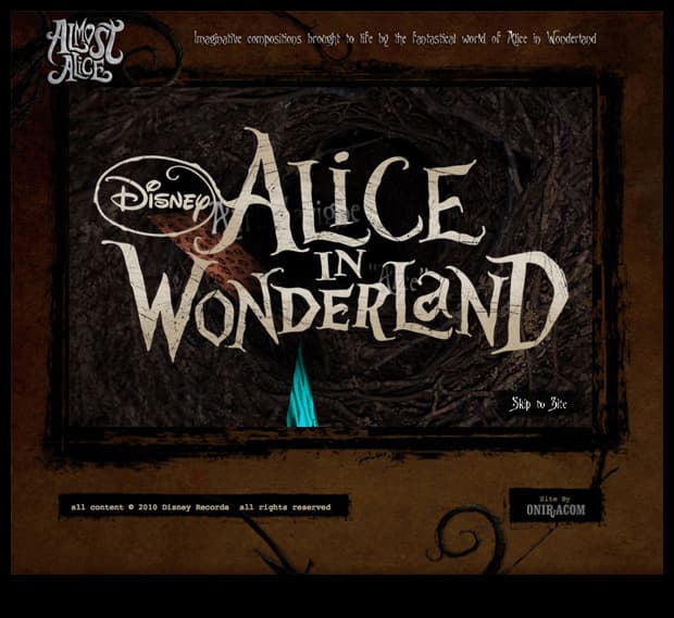 Dark textured Almost Alice landing screen with Disney and Alice in Wonderland lettering and a Ship to Rise link.