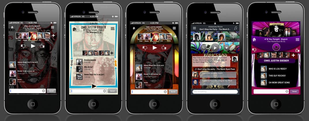 Five early smartphone interface concepts combining music players, profile avatars, comment threads, and colorful themes.