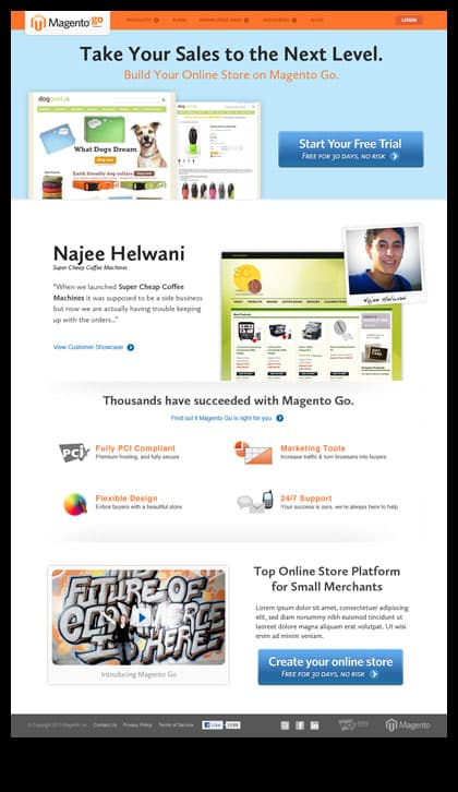 Tall Magento Go homepage with a blue trial banner, merchant testimonial, product benefits, and repeated calls to action.