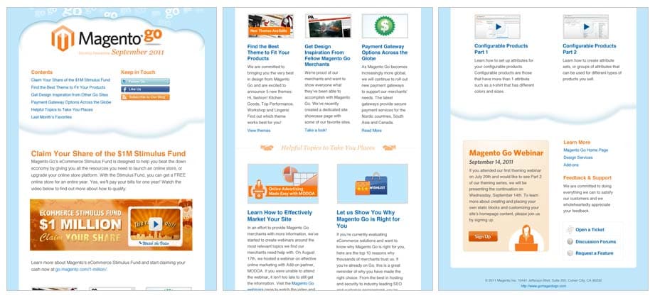Wide collection of Magento newsletter layouts with product stories, merchant news, and promotional modules.