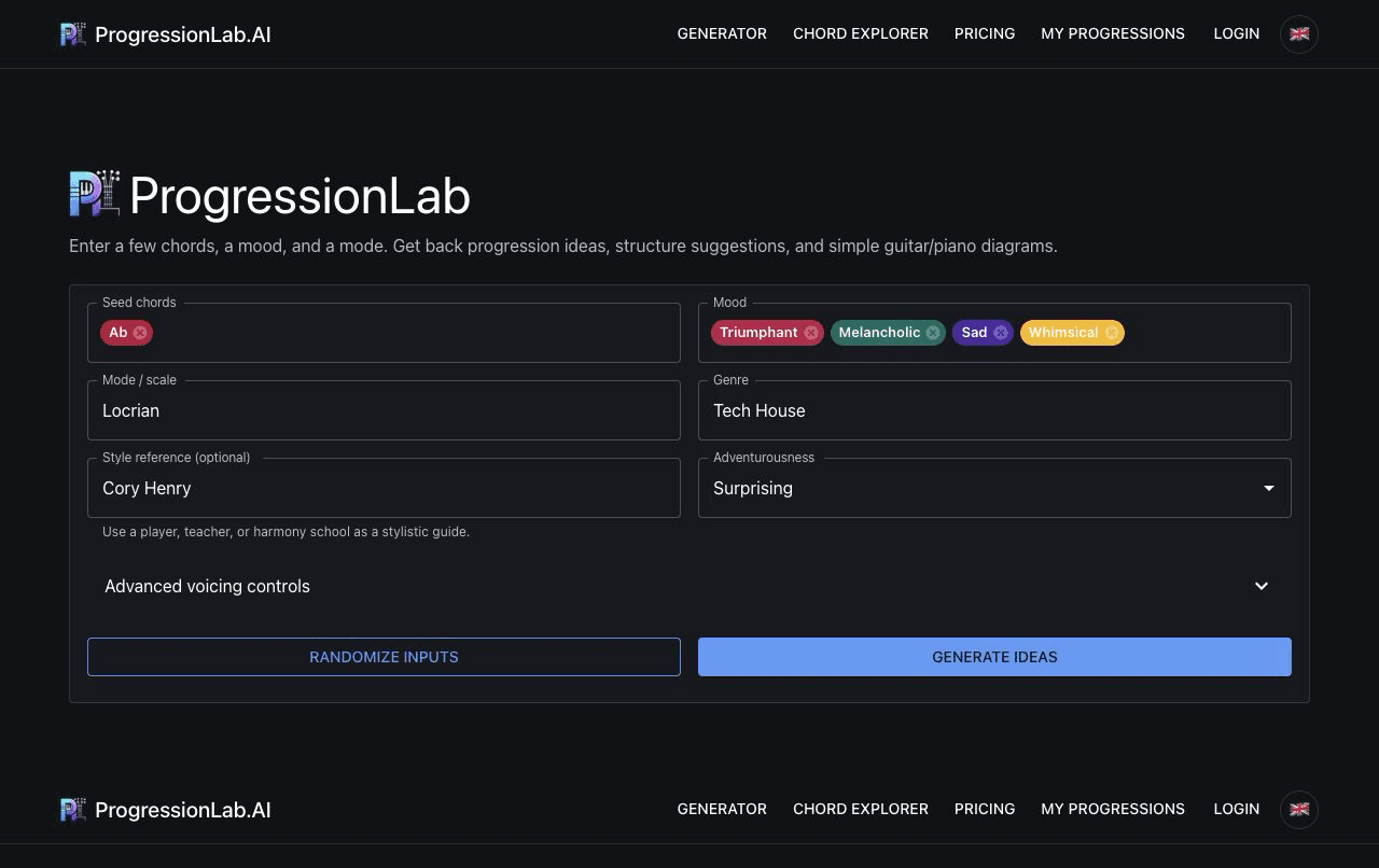 ProgressionLab generator with seed chord, mood, mode, genre, style reference, and adventurousness controls
