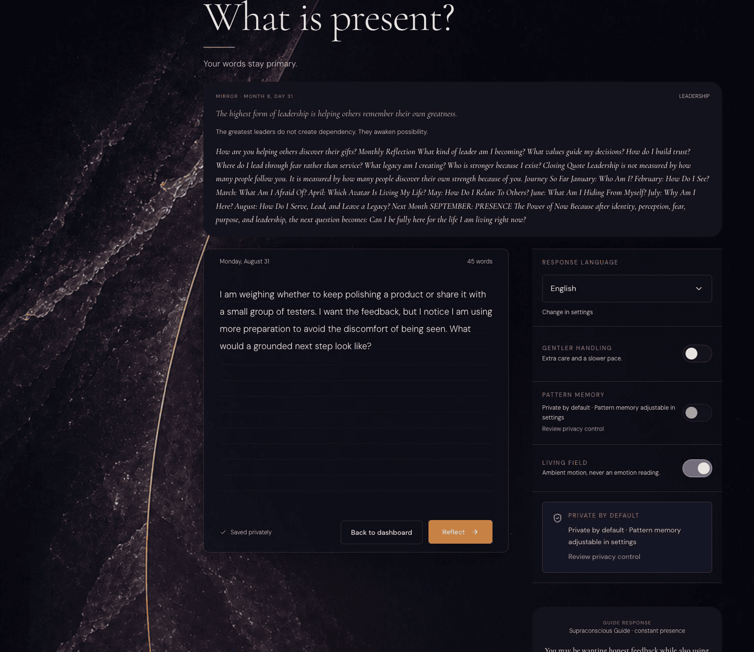 Authenticated Supraconscious journal workspace with a private reflection draft, response preferences, and Guide response