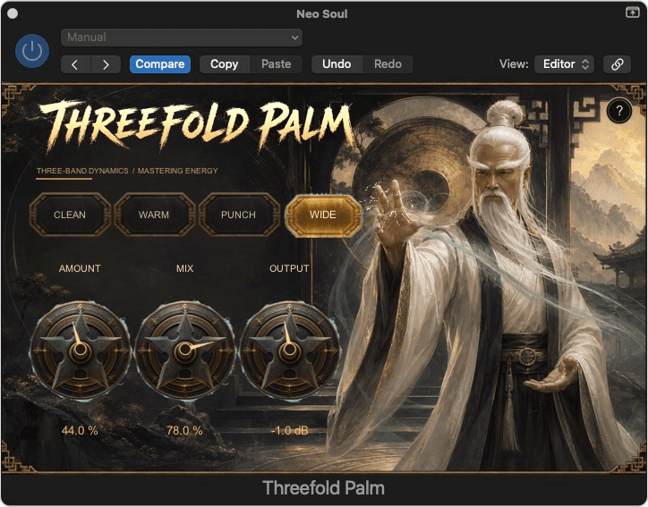 Threefold Palm audio plug-in interface from the Wave Factory Essentials collection