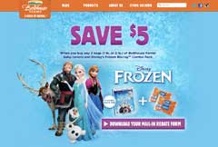 Bright blue promotional page with Frozen characters, a savings headline, product packaging, and a rebate-download button.