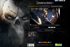 Dark Darksiders II website thumbnail with a character portrait, video panel, navigation, and screenshot rail.