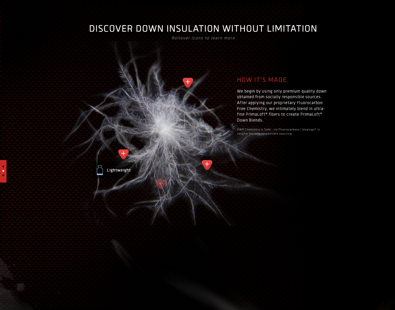 PrimaLoft insulation-benefits explorer with an interactive feather and six material-quality hotspots.