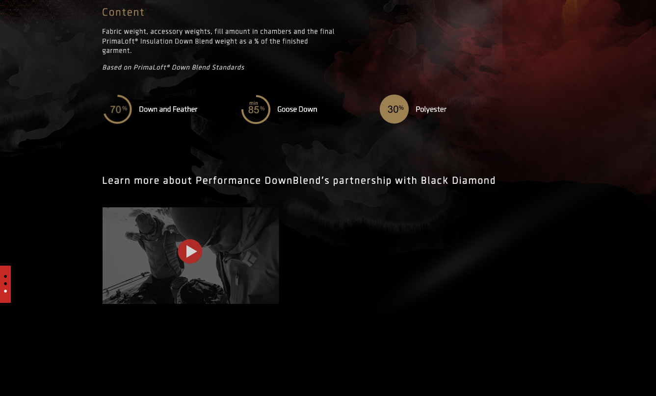 PrimaLoft blend-composition dials and Black Diamond partnership content in the closing product-story section.
