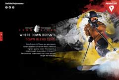 Dark PrimaLoft product page with a skier emerging from a cloud of down insulation and snow.