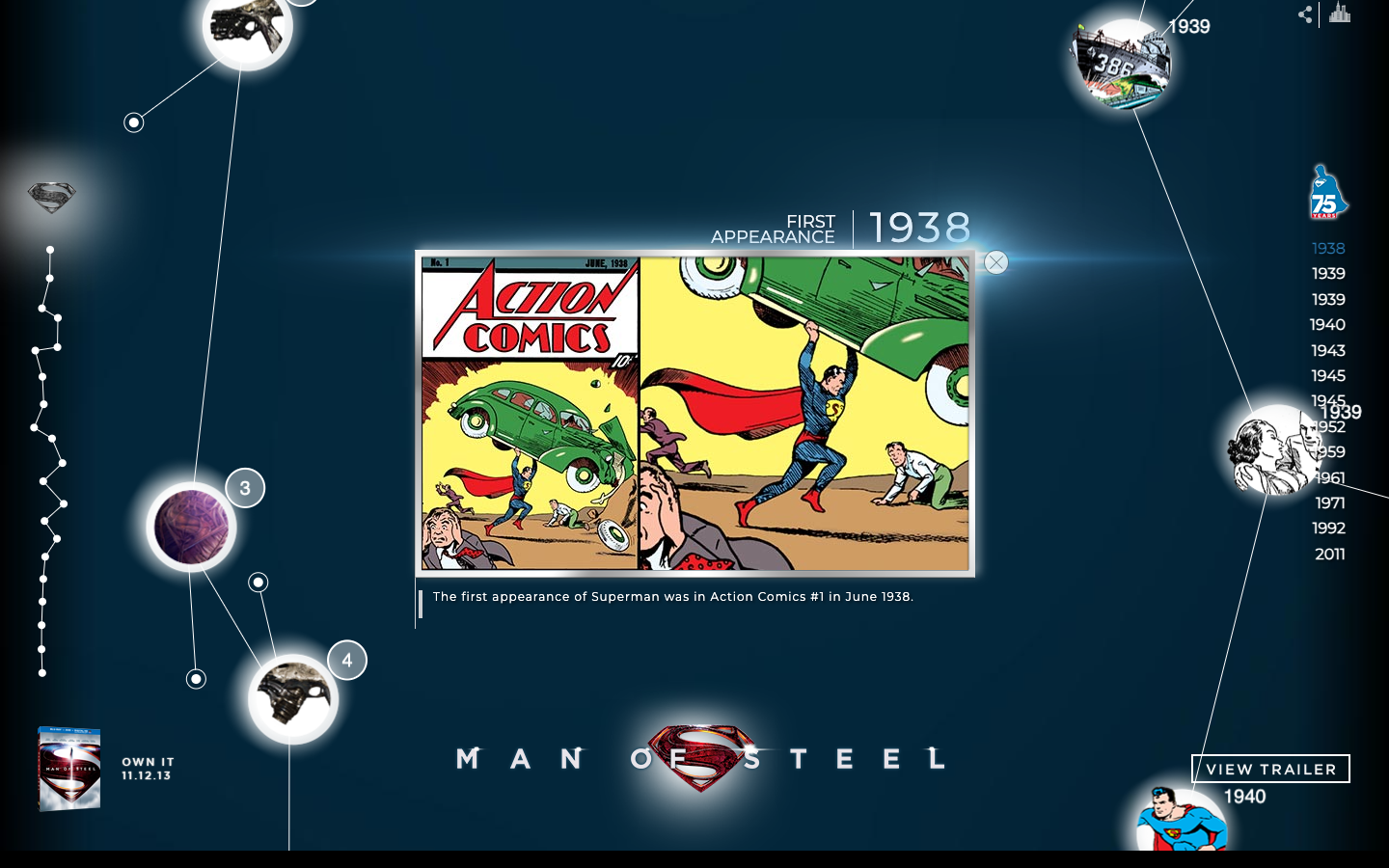 The 1938 First Appearance detail panel showing Action Comics number one within the interactive Superman timeline.