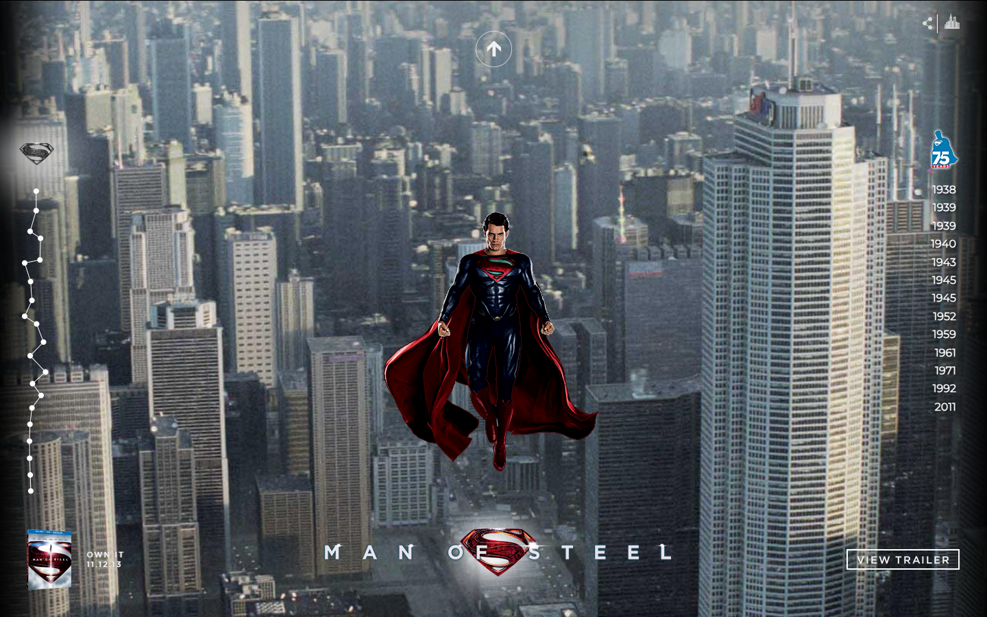 Superman hovering over a dark city scene between dual interactive timelines for Superman history and Man of Steel facts.