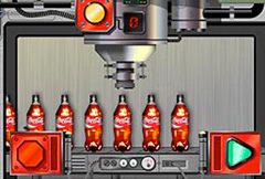Coca-Cola kiosk interface with a mechanical selection device and rows of beverage bottles.