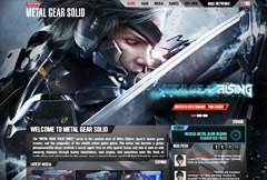 Metal Gear Solid promotional site with a character portrait, red navigation, and game information.