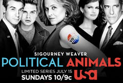 Political Animals television advertisement with a cast portrait and USA Network branding.